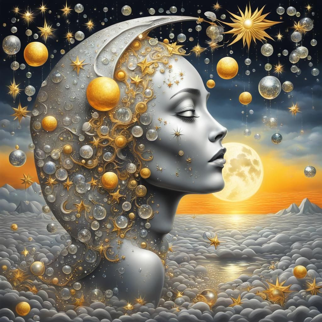 Silver Moon Kisses Golden Sun in Surreal Scene