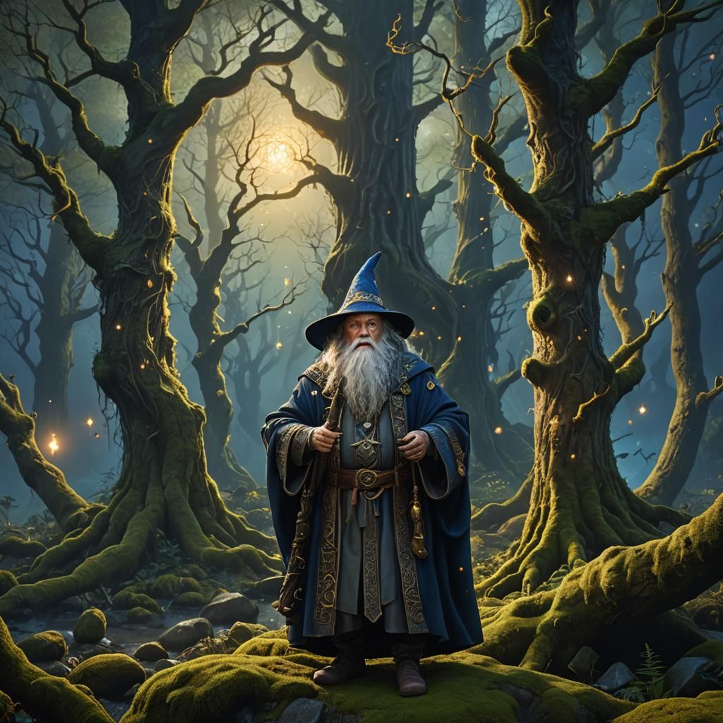 Wizard in Mystical Forest at Night