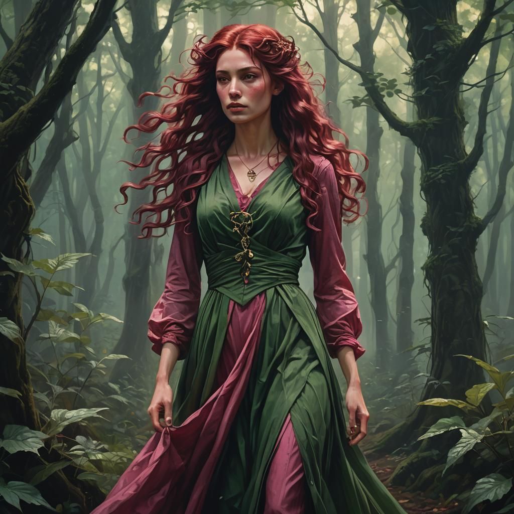 Woman in Pink and Green Dress, Hyperdetailed Portrait