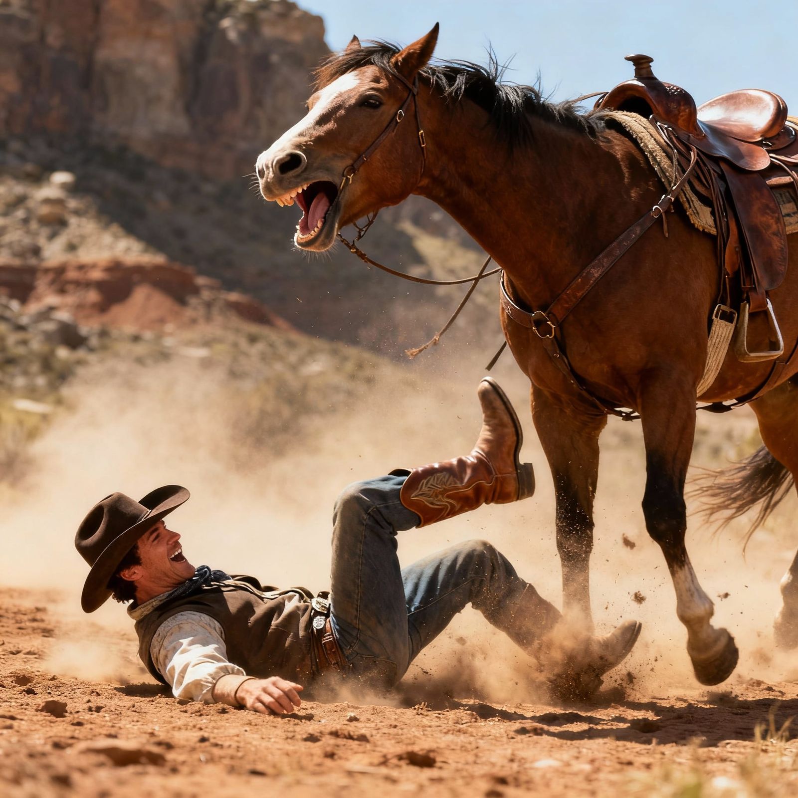 Cowboy Bucked Off Horse, Humorous Scene