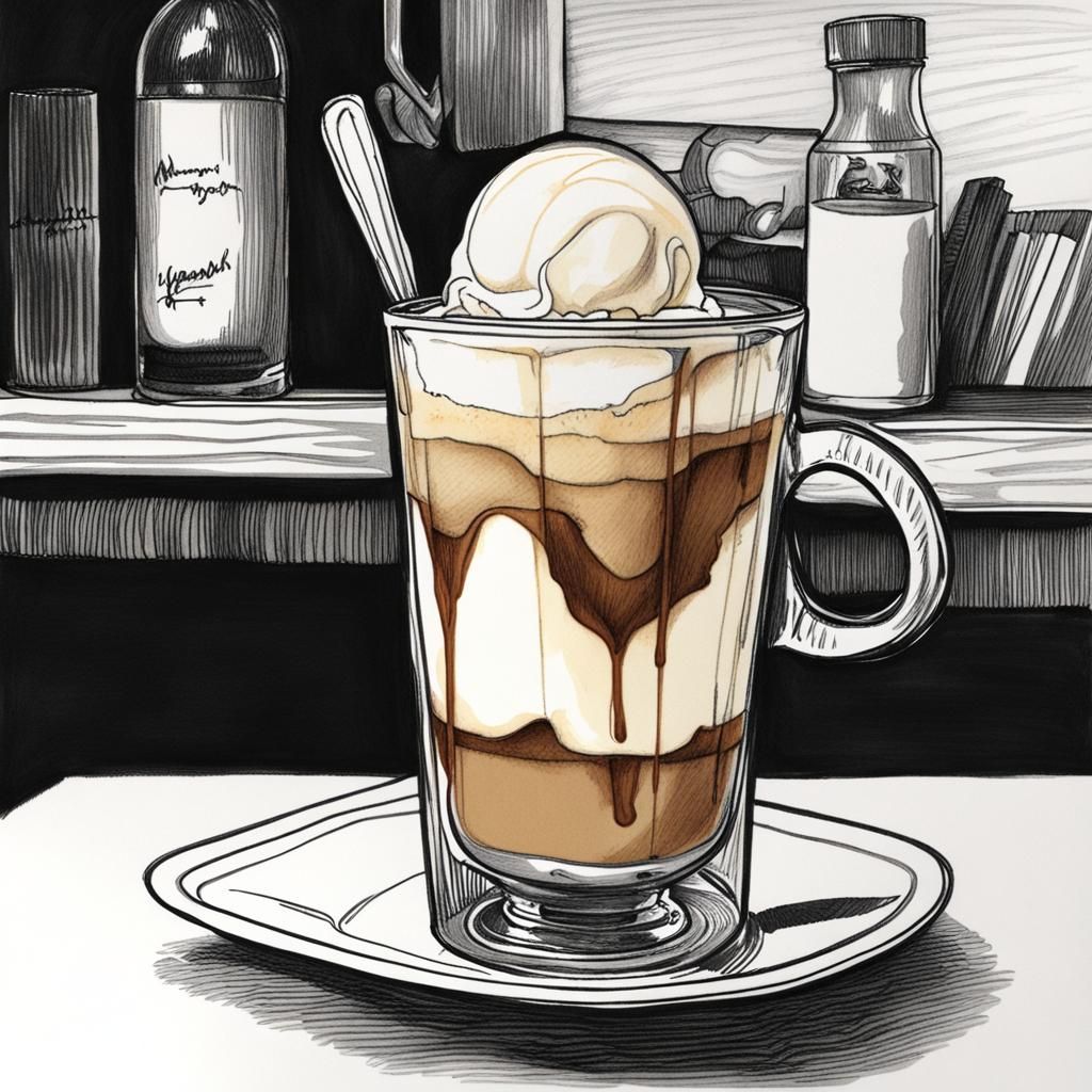 Elegant Pen Drawing of an Affogato Dessert