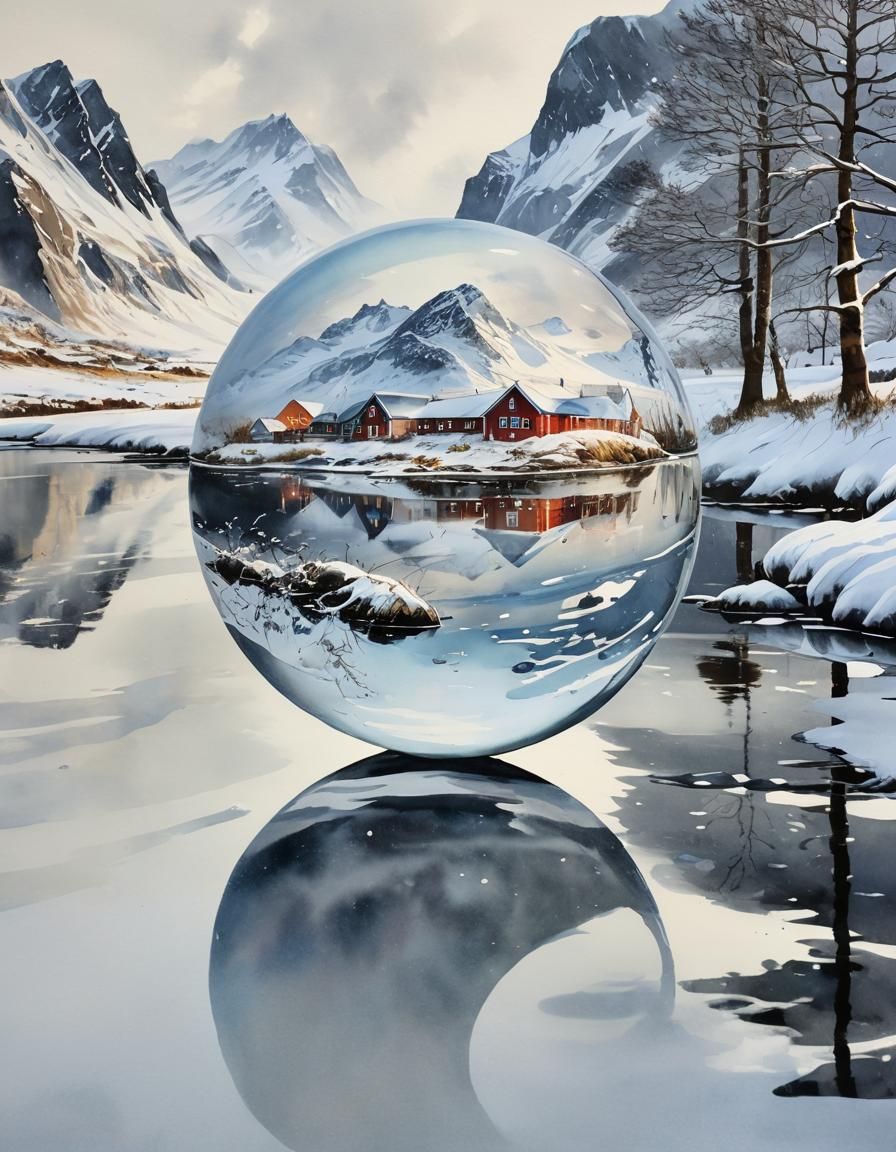 Glass Orb Reflecting Snowy Lofoten, Watercolor Style