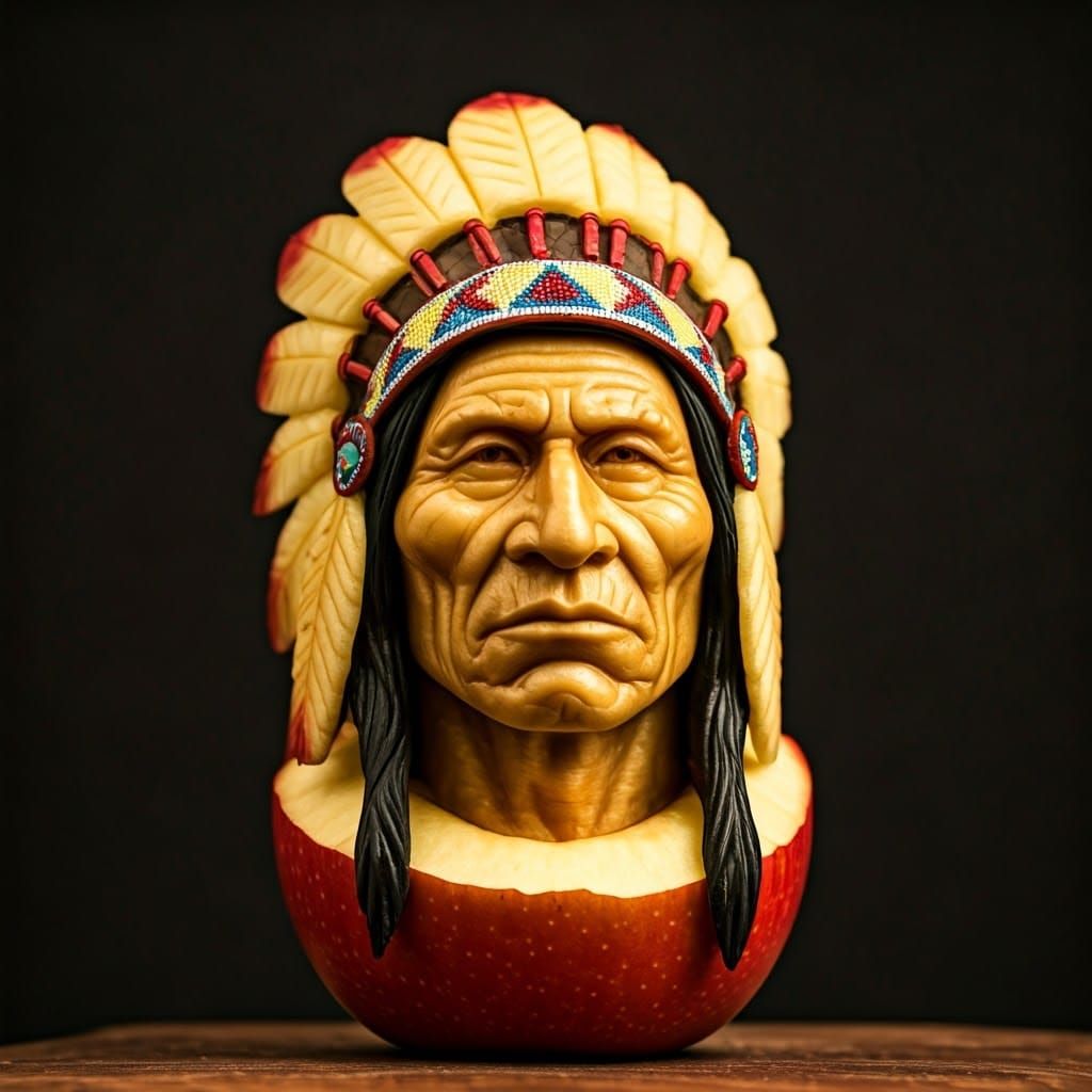 Native American Chief Carved from Apple
