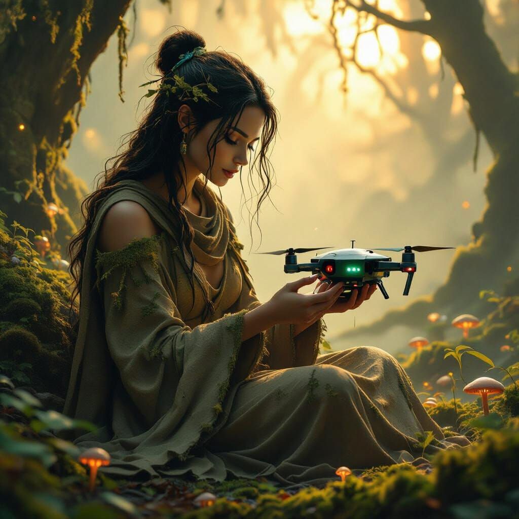 Dryad Repairs Drone in Mystical Forest