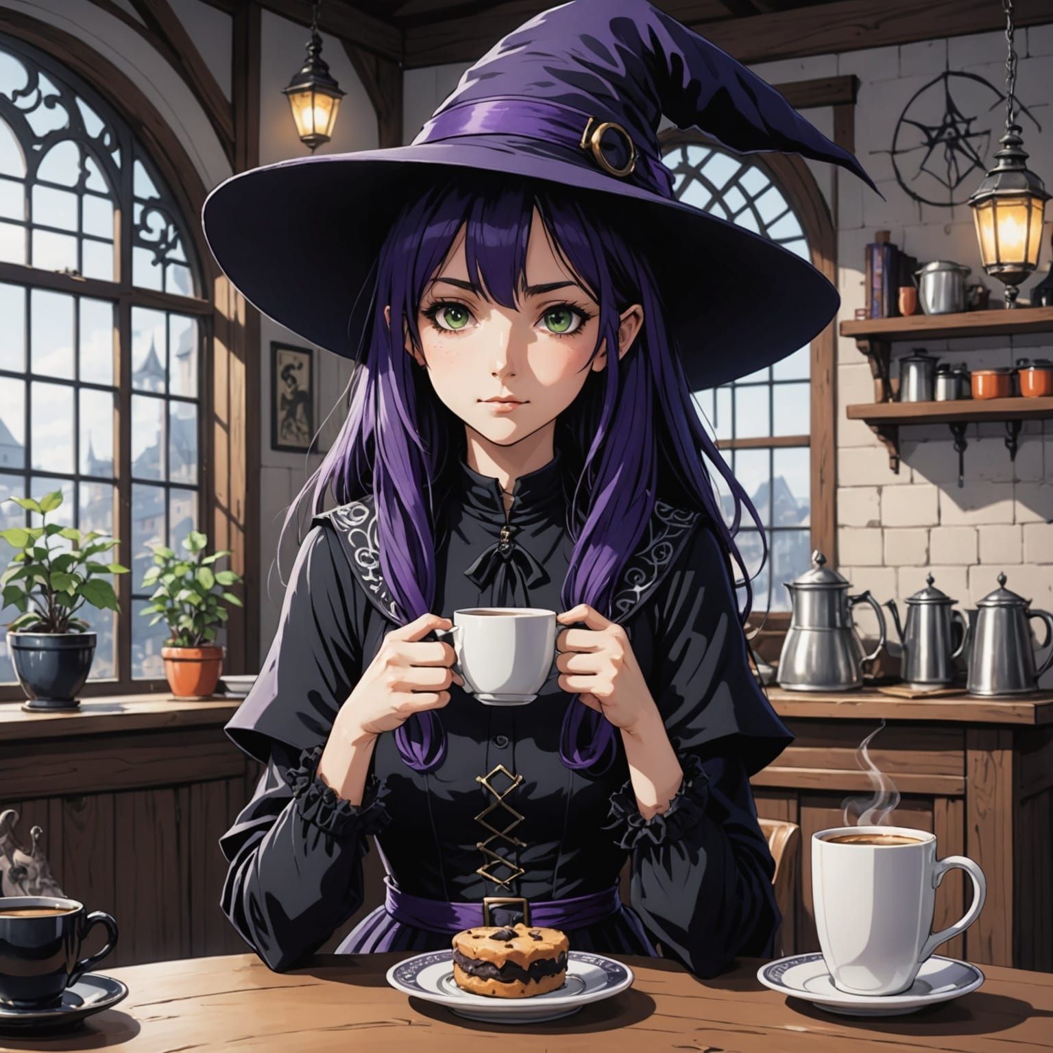 Gothic Witch Girl Leans on Table with Coffee