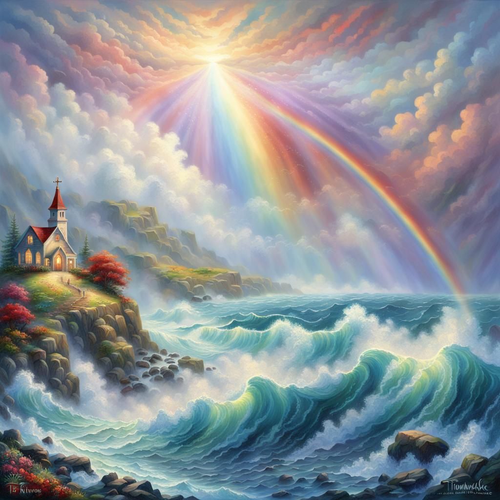 Rainbow and Cross over Raging Ocean