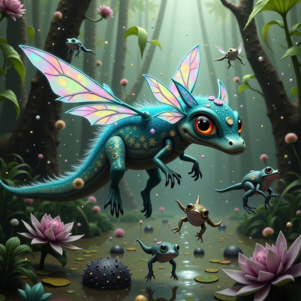 Iridescent Alligator-Dragonfly Hybrid Soaring Over Swamp