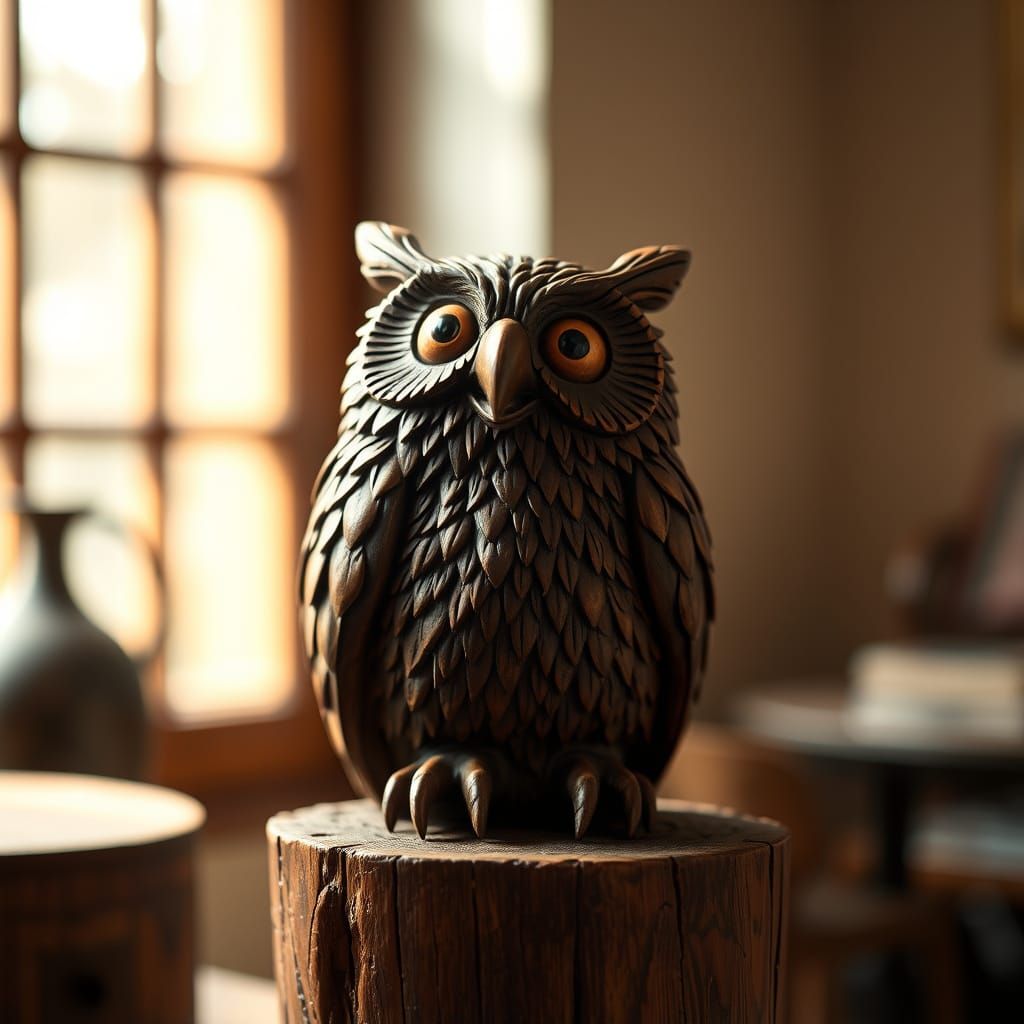 Woodcarving of Professor Yaffle in Warm Natural Light