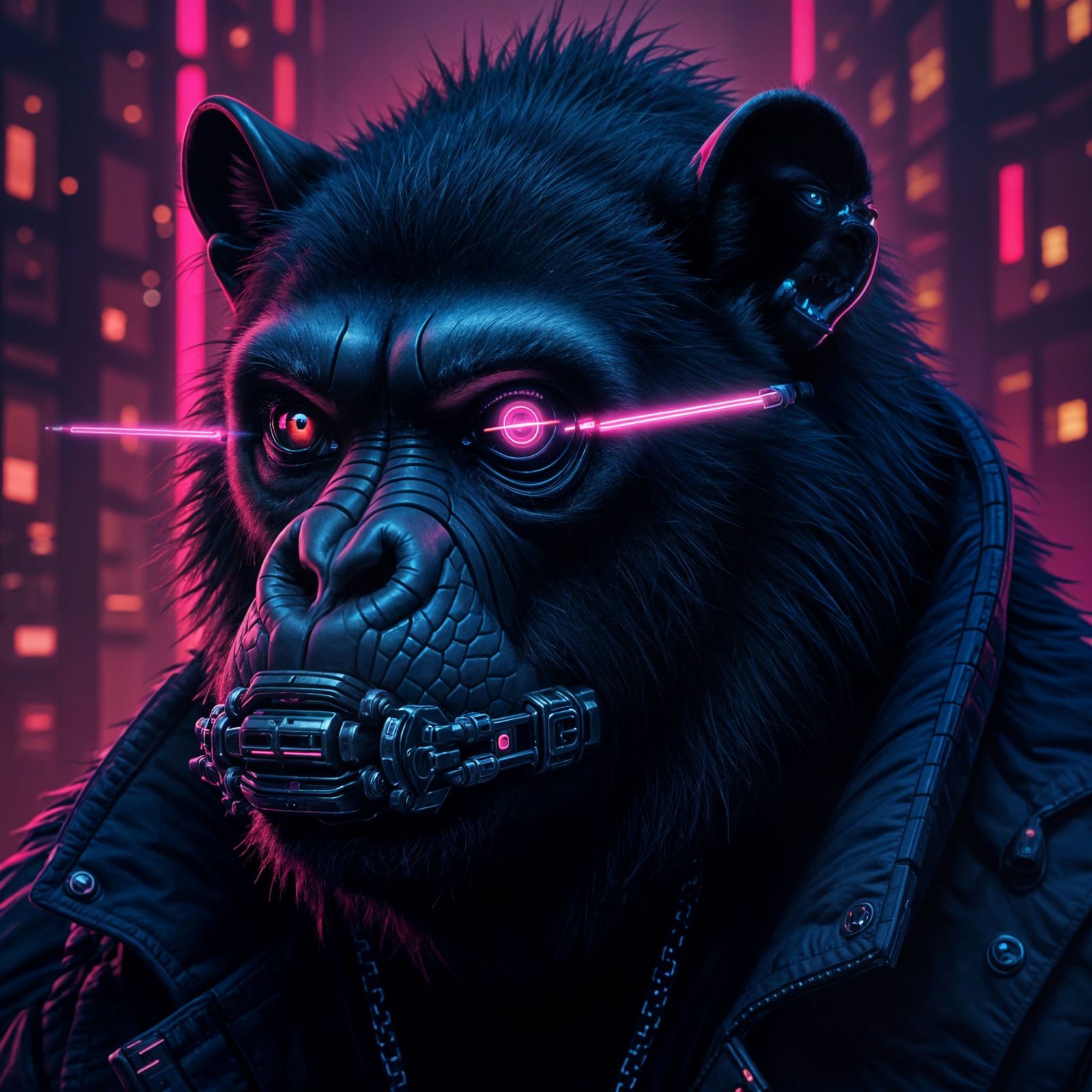 Cyberpunk Ronin Ape with Neon Pink and Navy Fur
