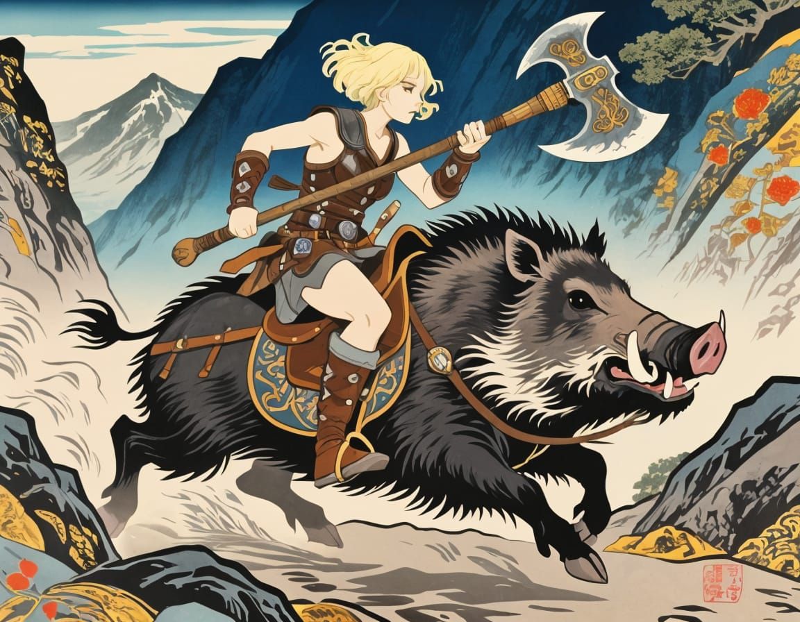 Freyja Riding Wild Boar in Japanese Woodblock Style