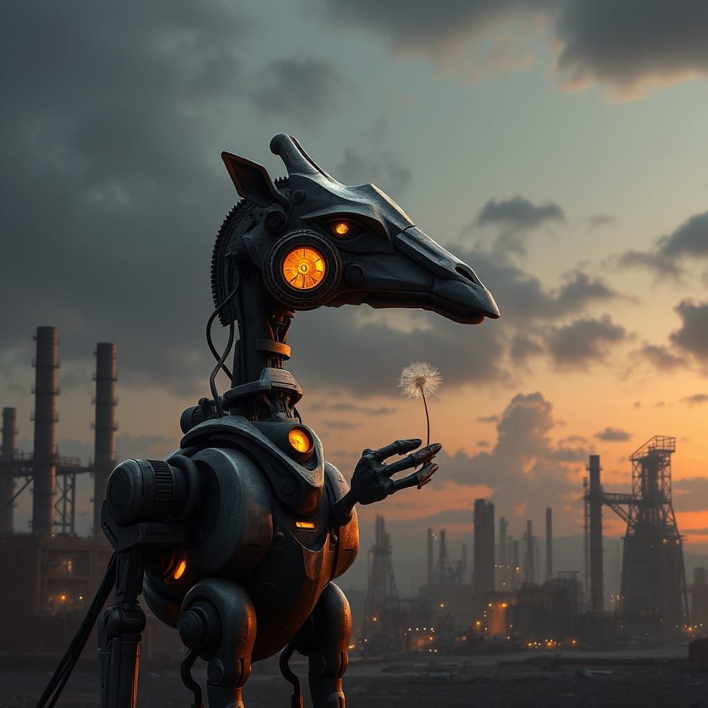 Giant Clockwork Robot in Twilight Industrial City