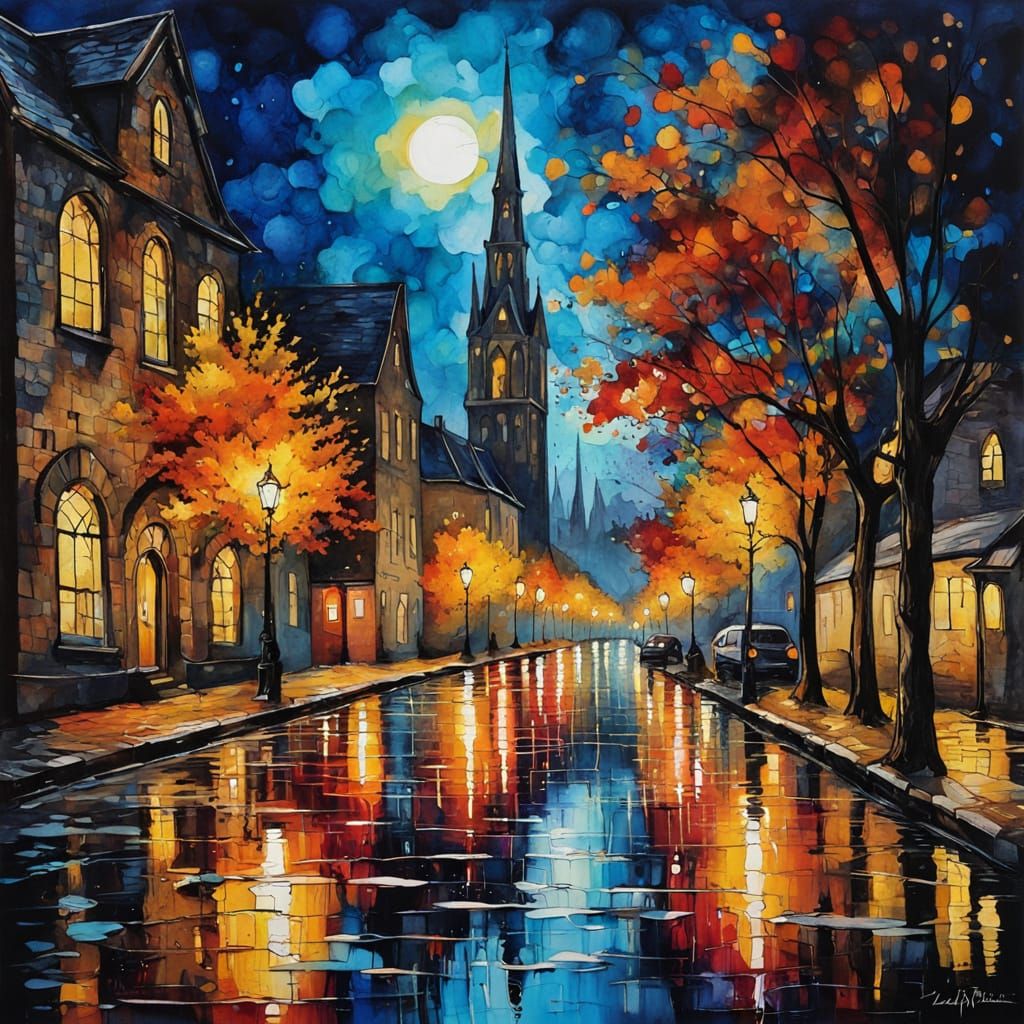 Impressionist Autumn Night: Swirling Ink Patterns in Scottis...