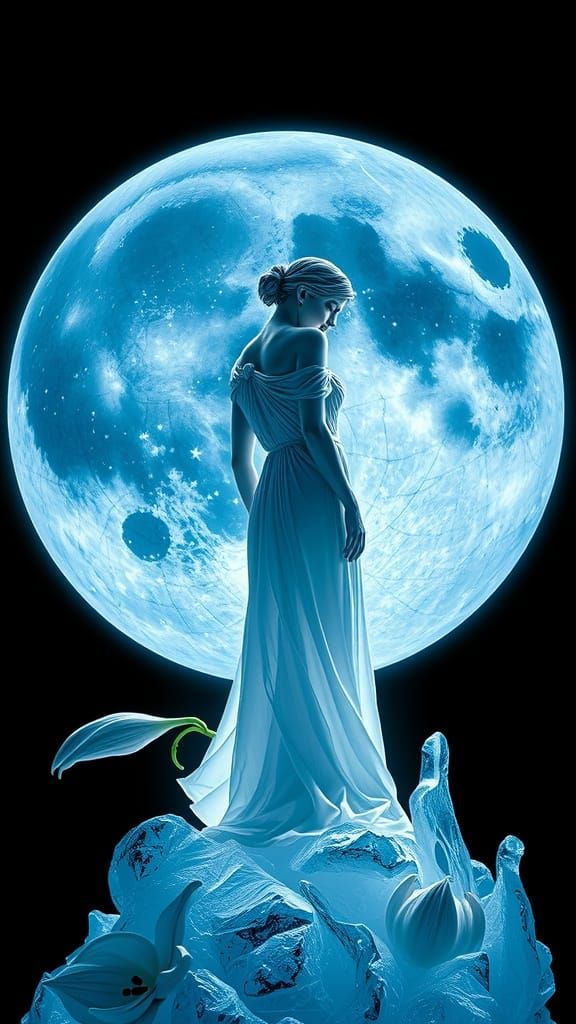 Woman Contemplates Moon Interior with Frozen Lilies