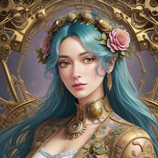 Goddess with Steampunk Wings Amidst Floral Opulence