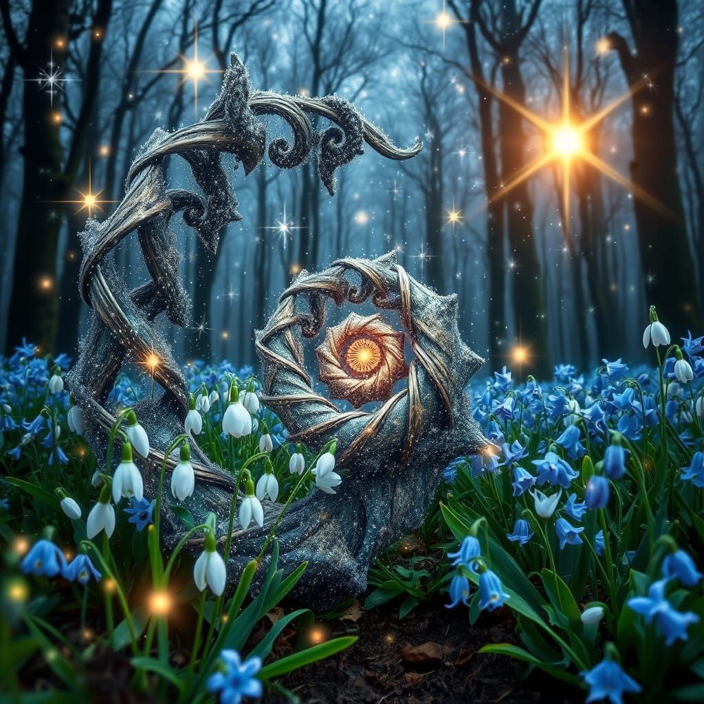 Mystical Forest of Snowdrops and Stars in a Cyberpunk Digita...