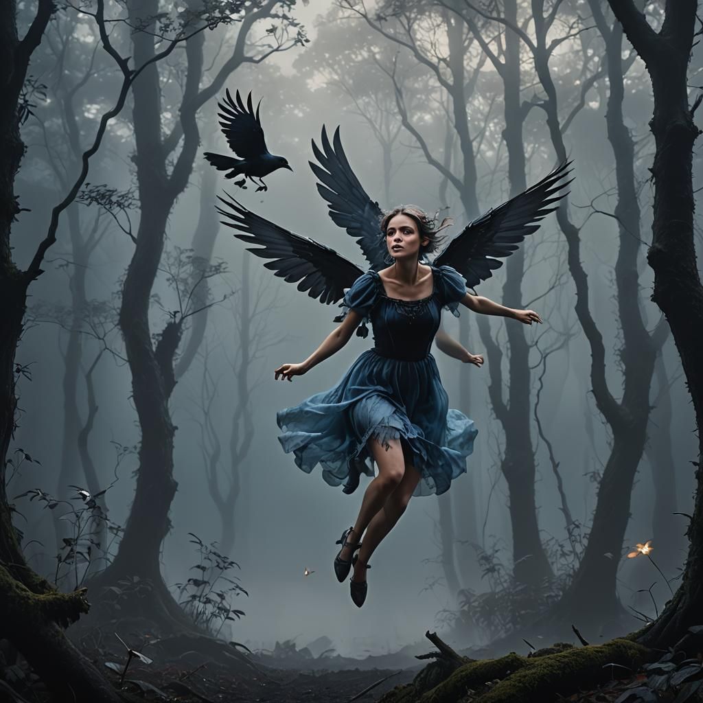 Fairy on Crow and Skull Woman: Hyperrealistic Digital Art