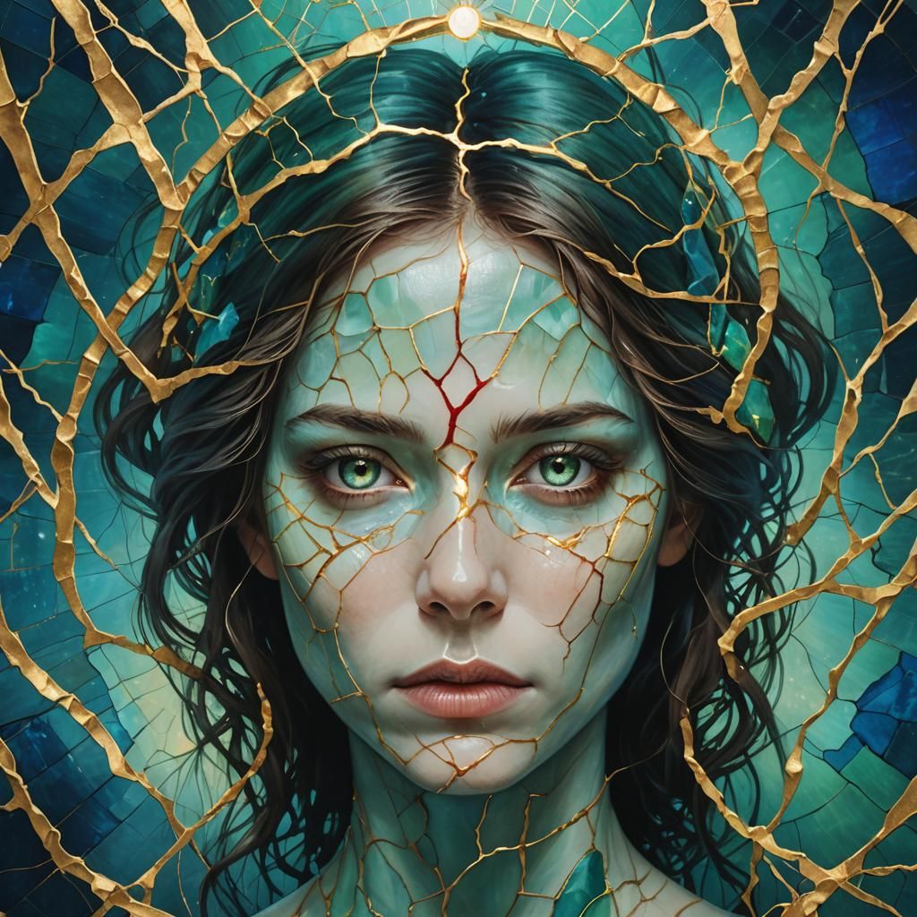 Surreal Kintsugi Portrait: Glowing Eyes in Bioluminescent Ar...