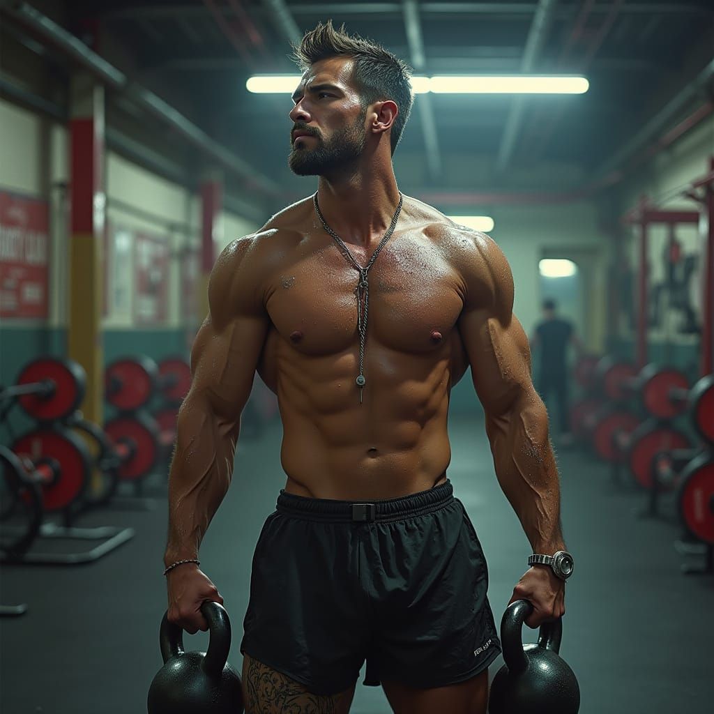 Muscular Man Lifting Kettlebells in Gritty Gym