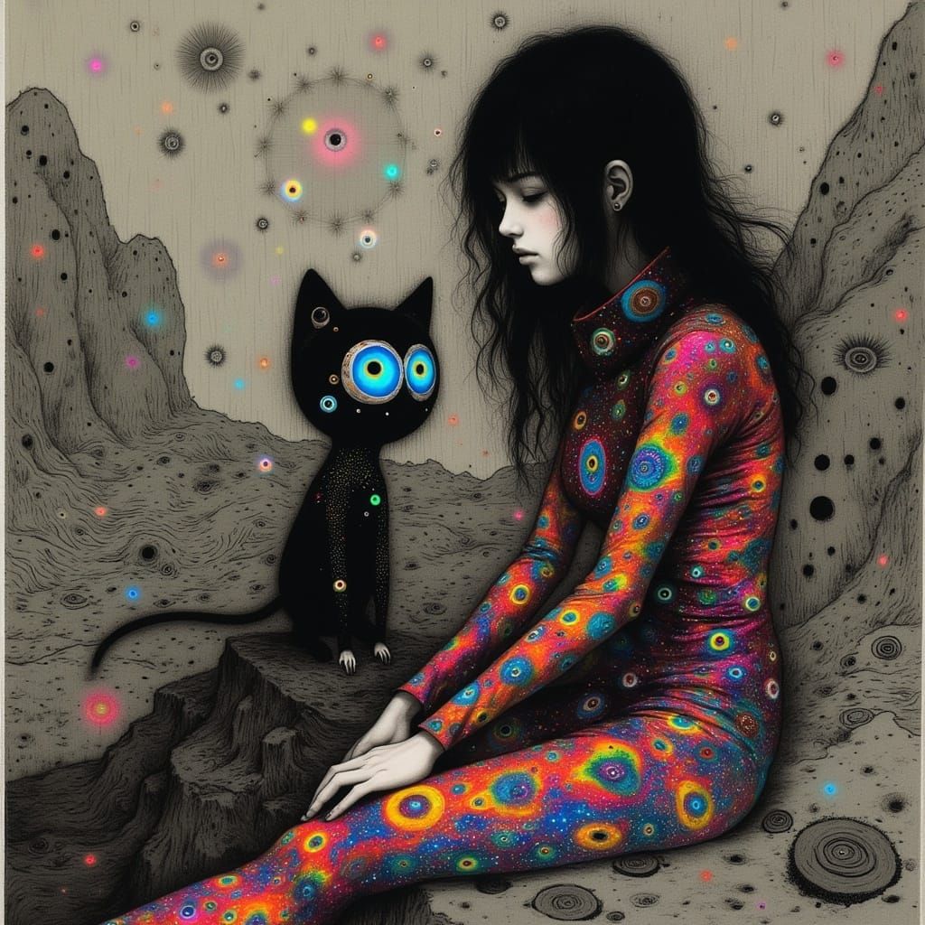 Serene Japanese Woman in Vibrant Psychedelic Catsuit