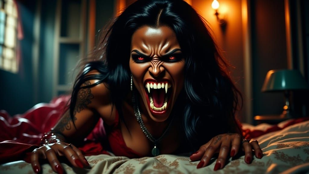 Menacing Vampire Woman with Fangs and Gold Tattoos