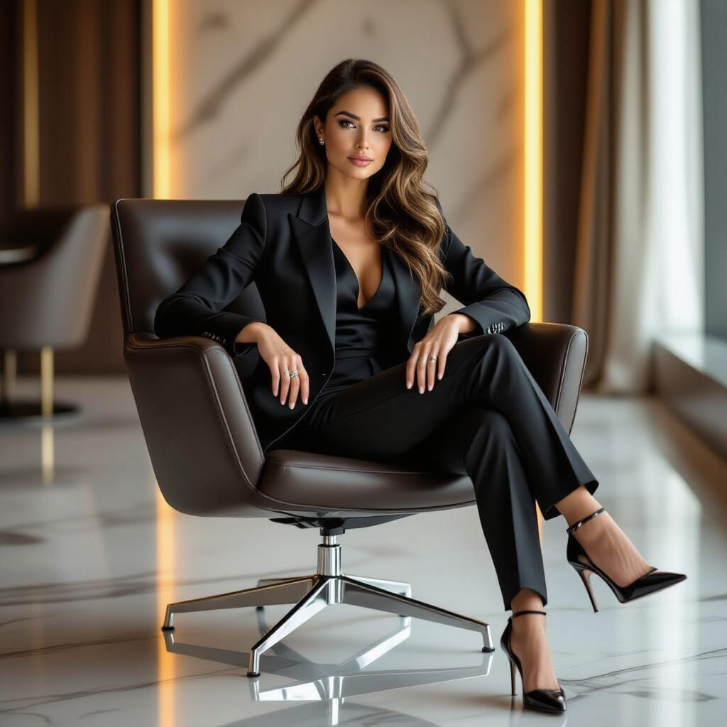 Confident Woman in Black Pantsuit in Luxury Office
