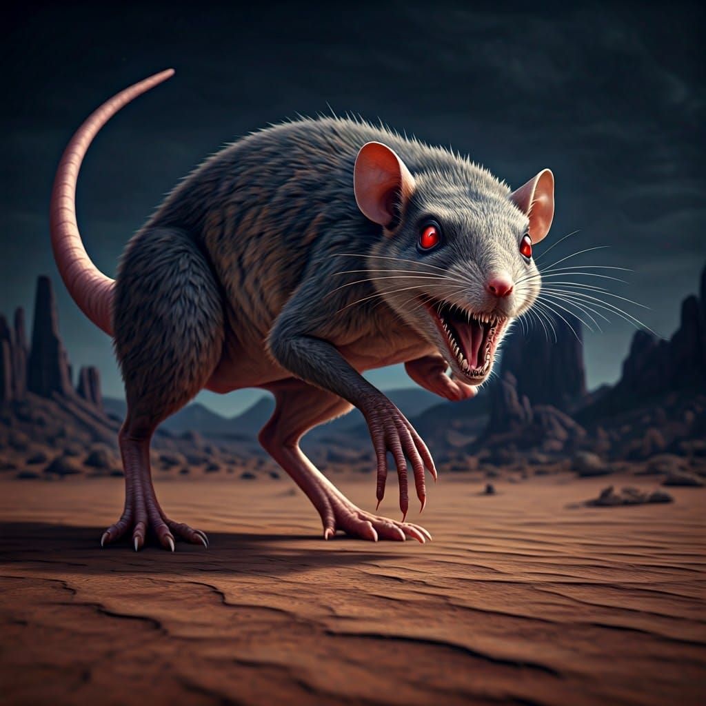 A 3D render of a dangerous hybrid small, nimble body of a kangaroo rat and the reptilian features of a lizard in a barre...