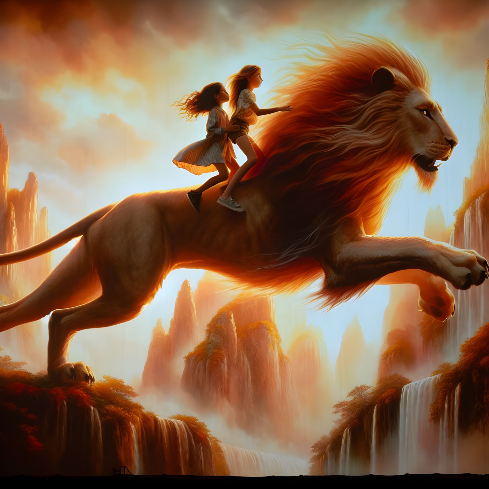 Majestic Lion and Two Young Girls Soar Over Mountains in Whi...