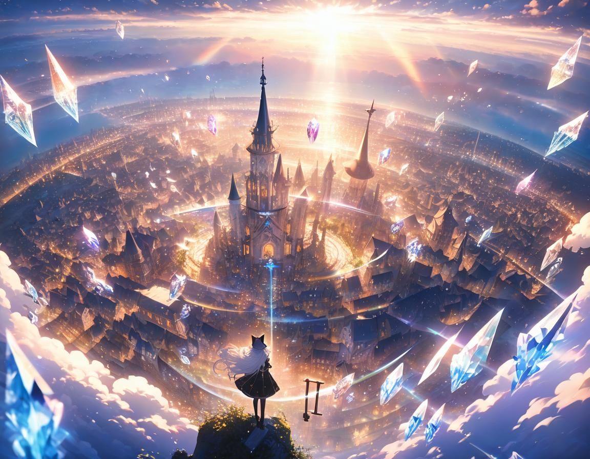 Magical Cityscape with Key, Crystals, and Catgirl Witch