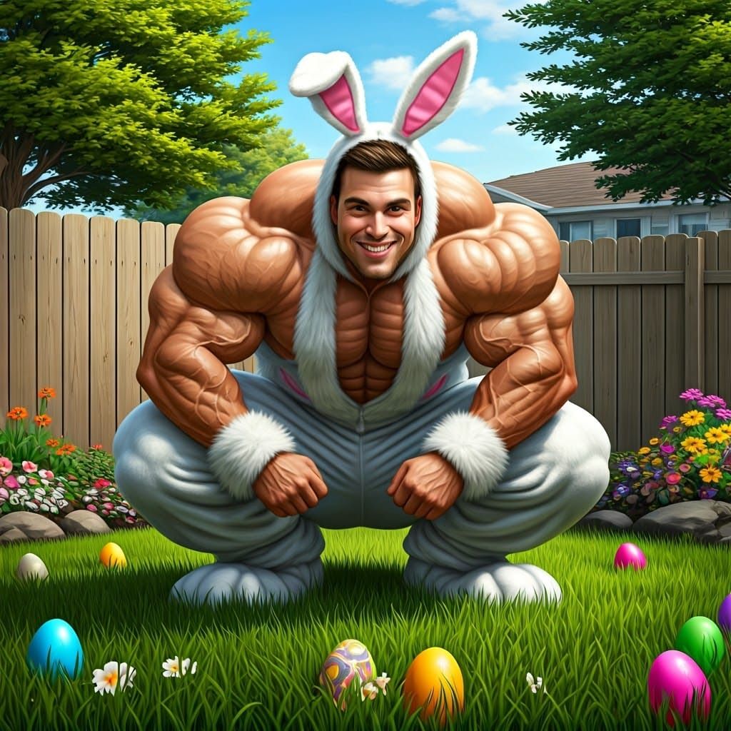 Massively Muscular Easter Bunny in a Playful Spring Scene