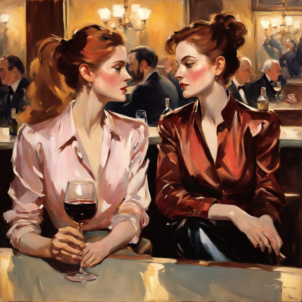Elegant Woman in Red Satin Blouse, Sipping Wine at a Bar