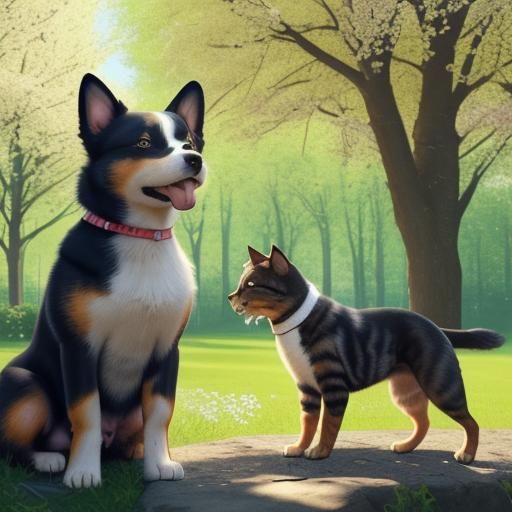 Dog and Cat with Music in Spring, Realistic Photography