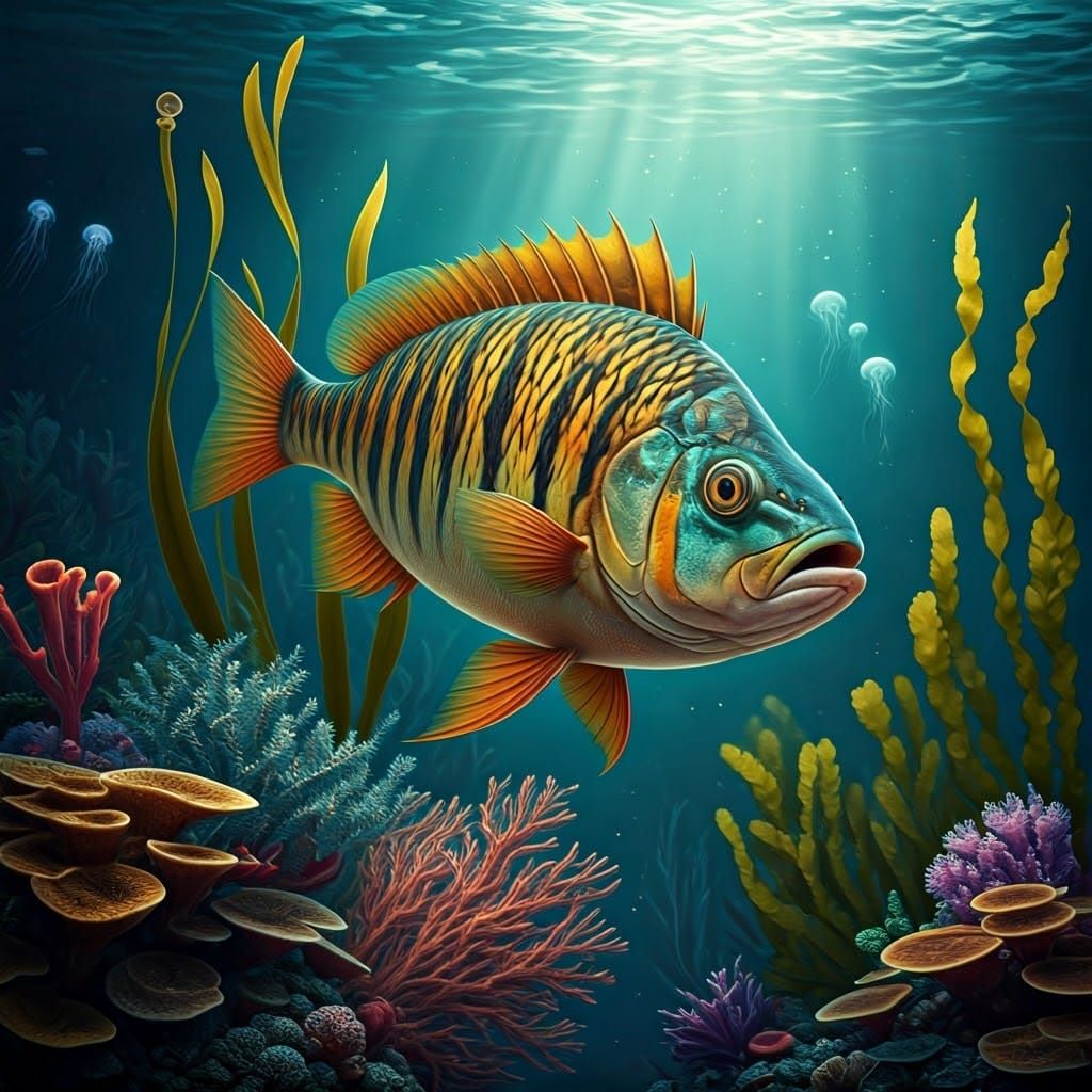 Vibrant Tiger Fish in Sunlit Oceanic Landscape