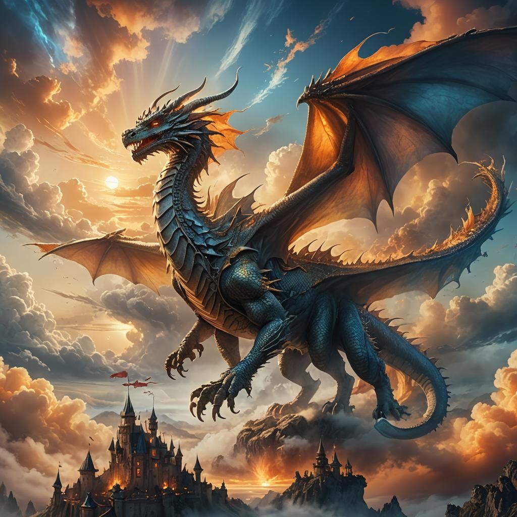 Dreamscape Dragon Soaring Through Clouds: Fantasy Art