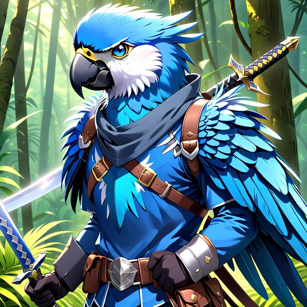 Blue Feathered Aarakocra Ranger with Swords, Anime Style