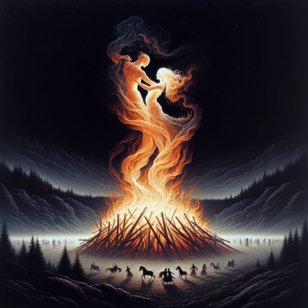 Ethereal Couple Dancing in Bonfire Flames