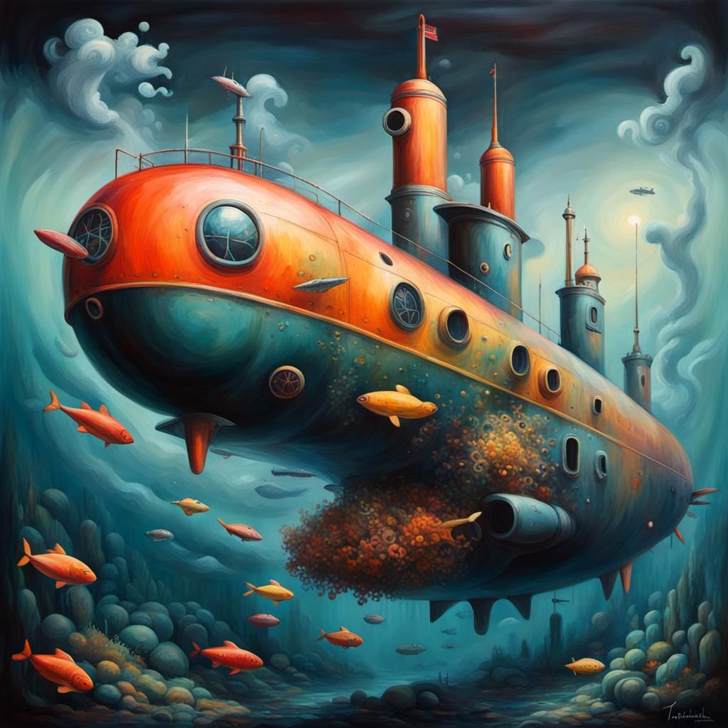 Tachisme Submarine: Dynamic Brushwork Surreal Artwork