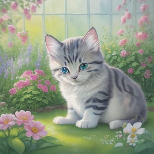 Delicate Watercolor Garden Scene with Playful Kitten