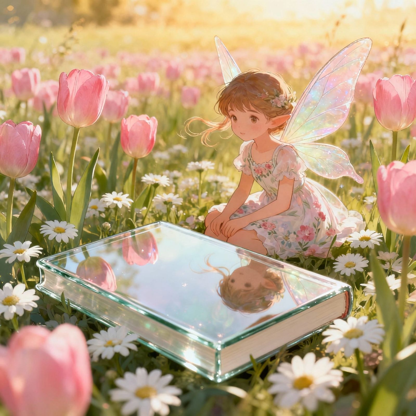 Glass Book Holds Fairy in Flower Field