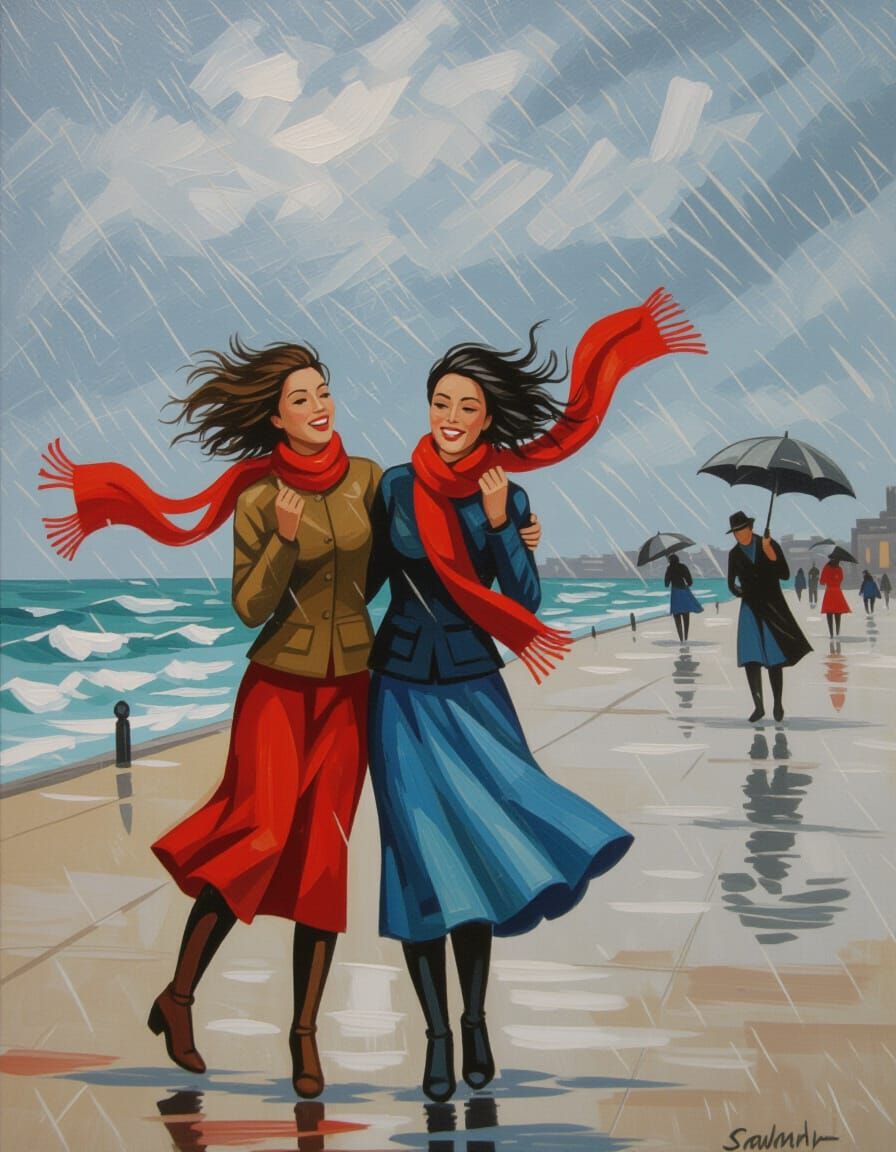 Two Women Joyfully Braving a Stormy Day