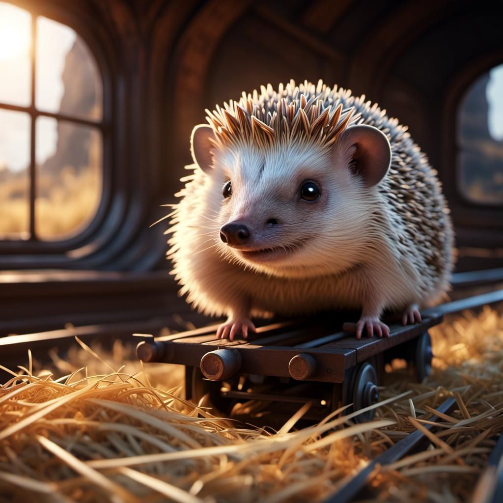 A cute hedgehog standing on straw in a smal train, Light is shining frm a smal window, background is dark