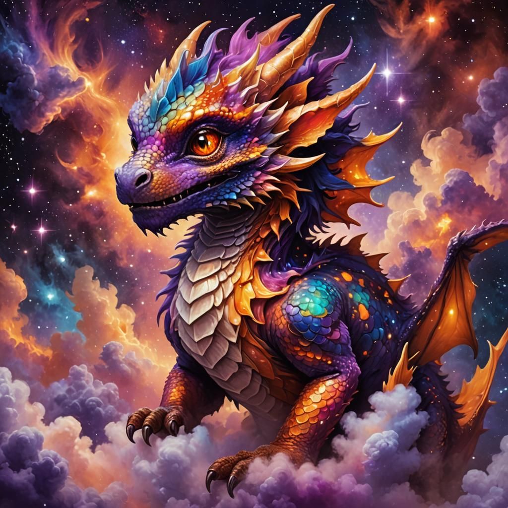 Fluffy Galaxy Dragon in Nebula Clouds: Cosmic Art