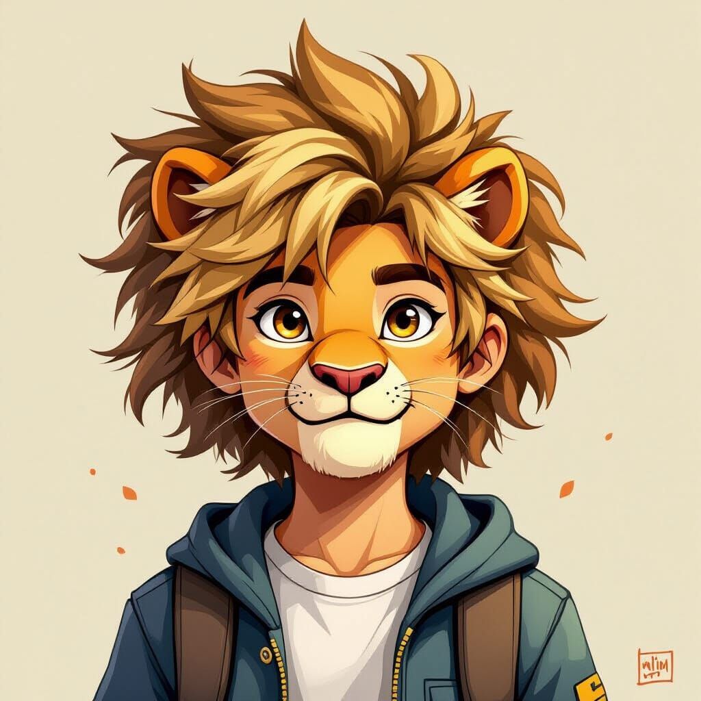 Boy with Lion Features and Wild Mane in Realistic Style