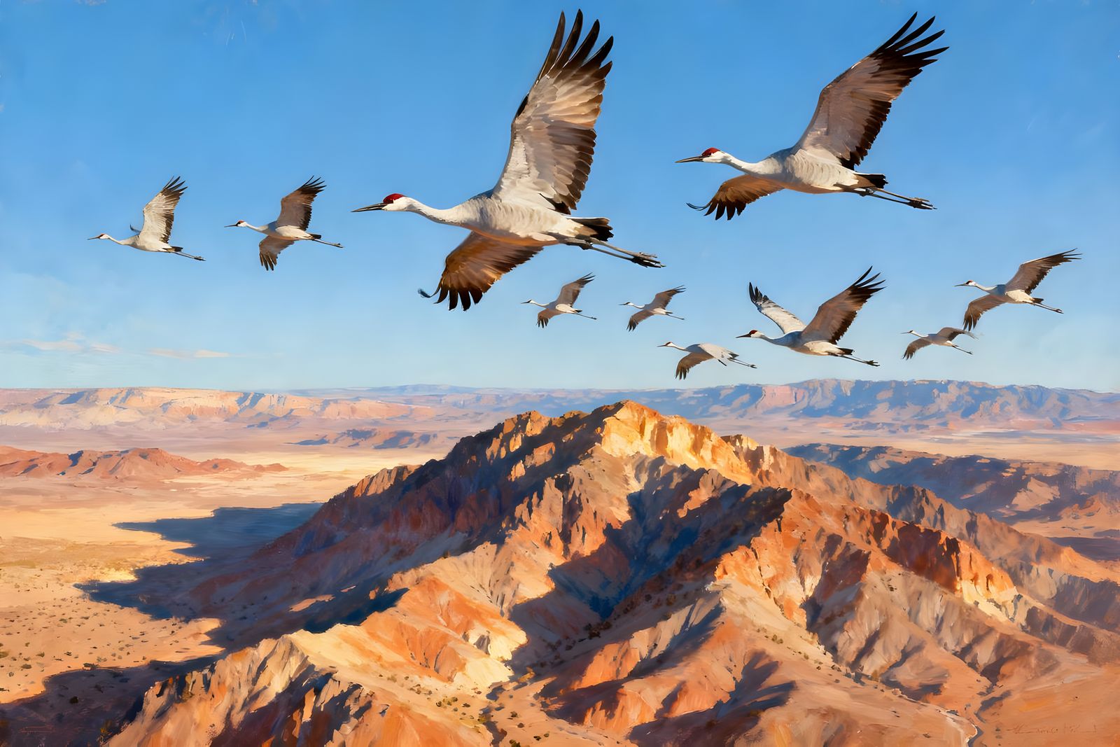 Migrating Sandhill Cranes Fly Over Desert Mountains