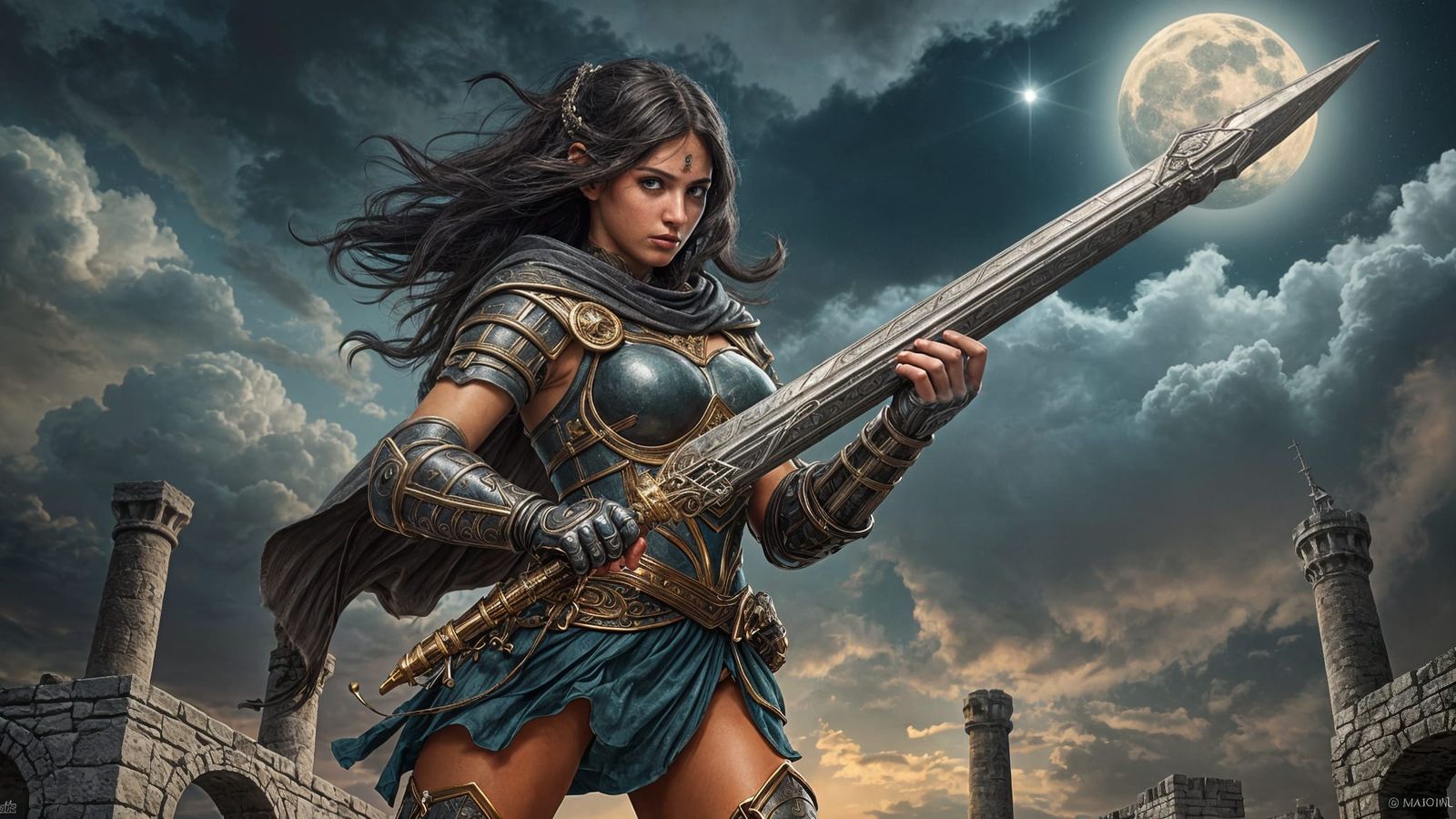 Ethereal Warrior Woman in Dark Fantasy Landscape