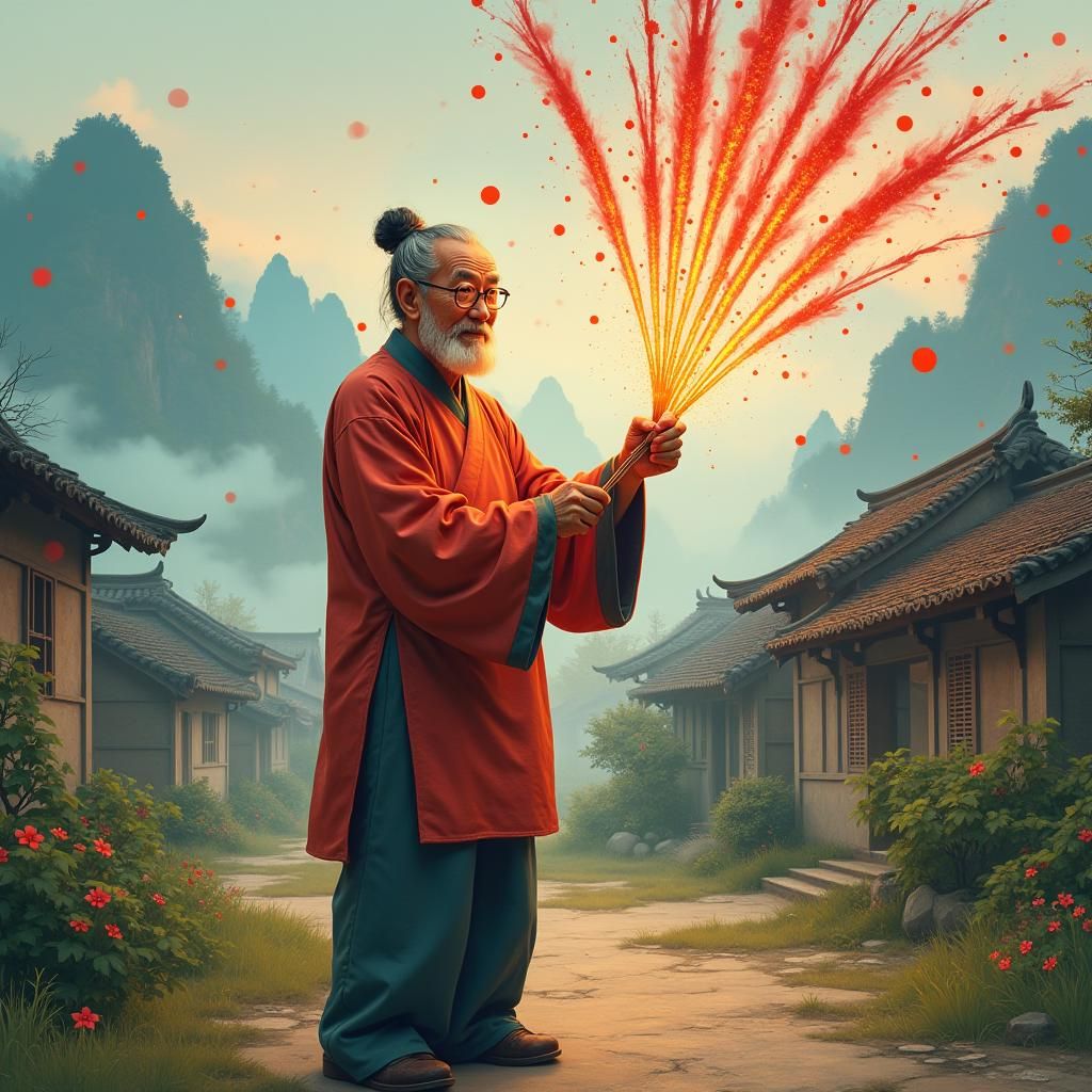 Chinese Man with Fireworks in Dreamy Landscape