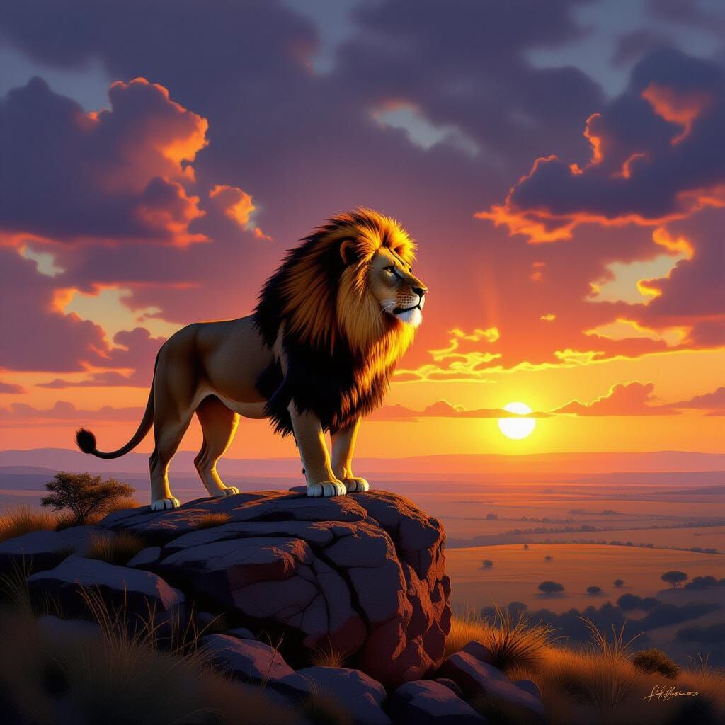 Lion with Fiery Mane Overlooking Savanna