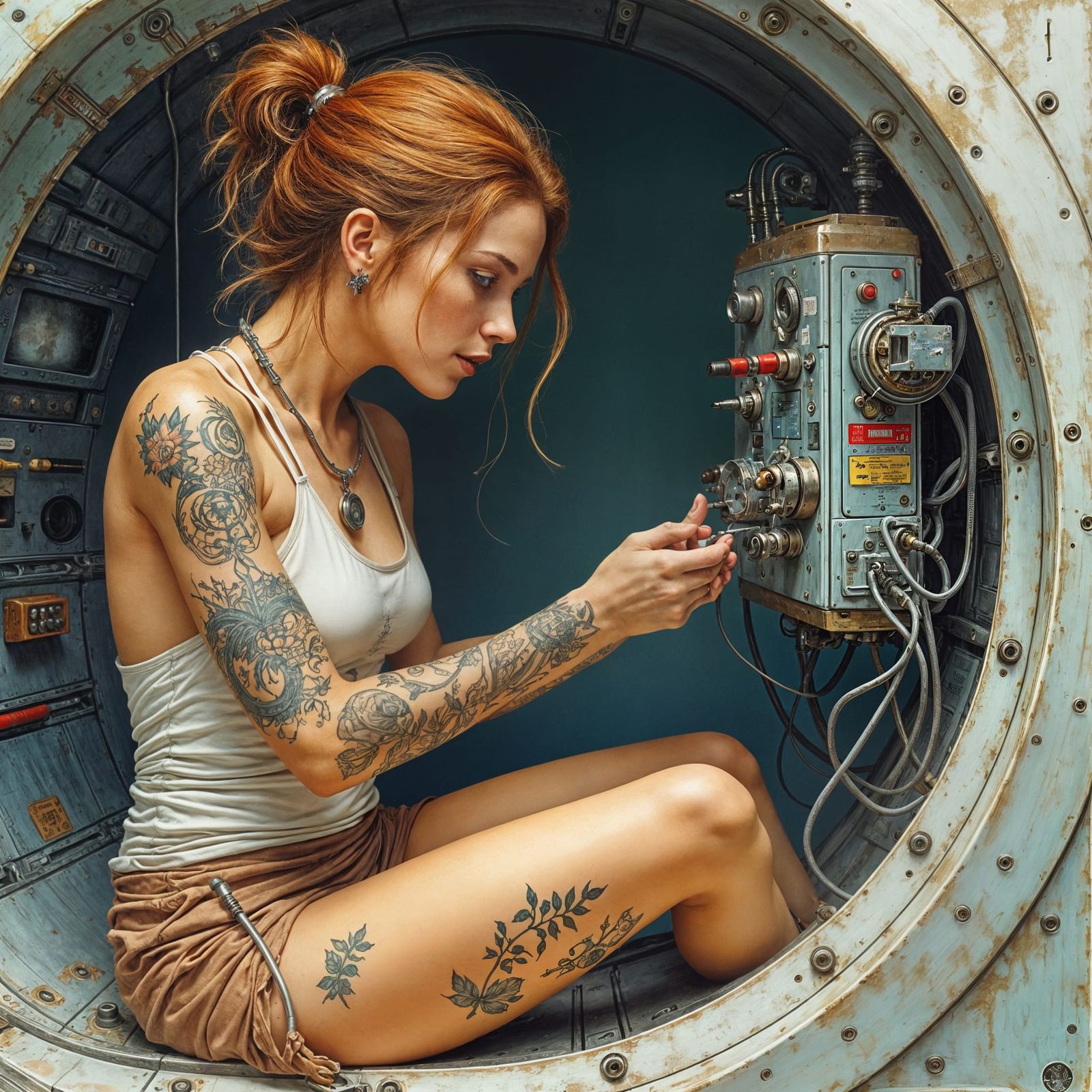 Female Space Adventurer Repairs Spaceship, Pastel Illustrati...