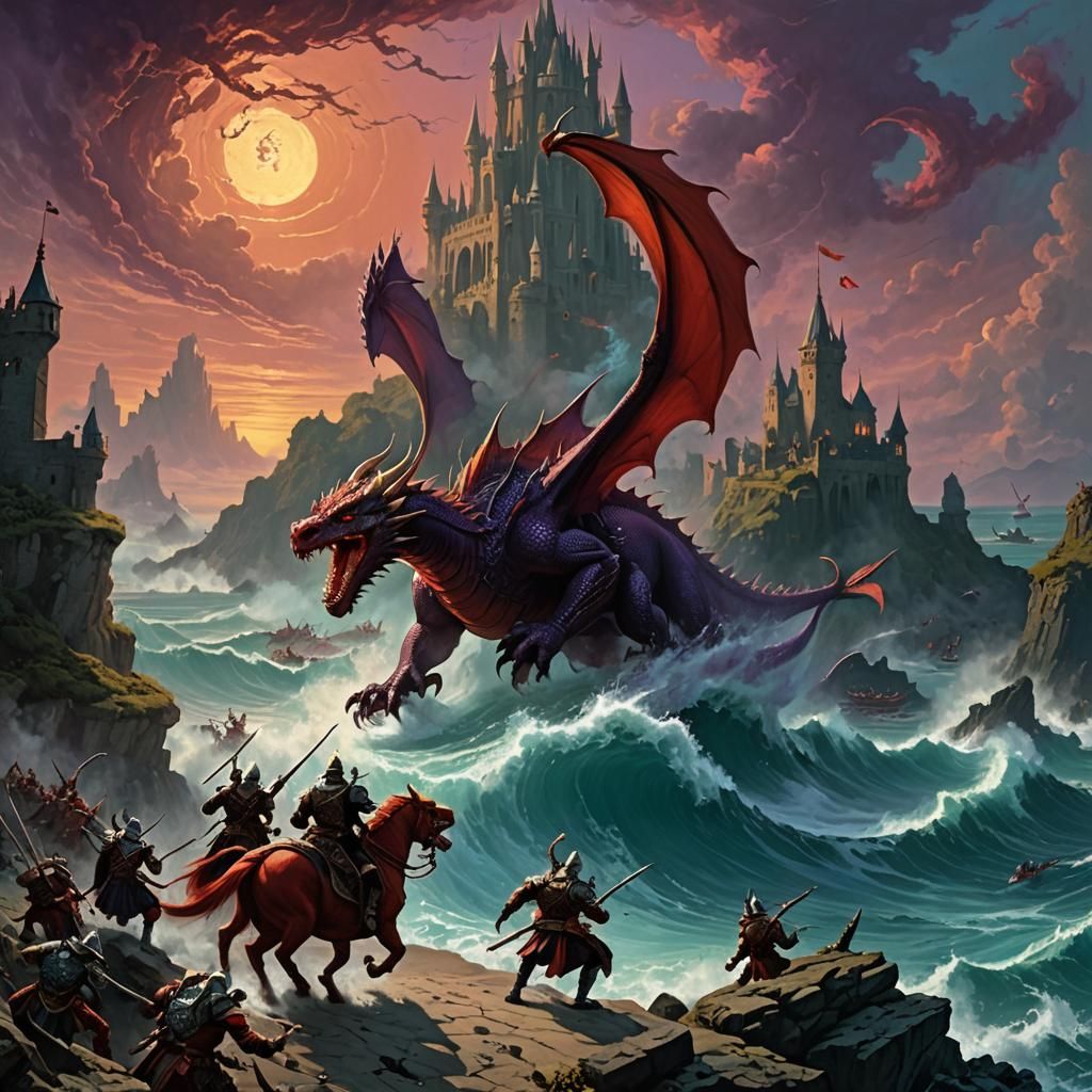 Epic Dragon vs Wyvern Battle in Doré Style