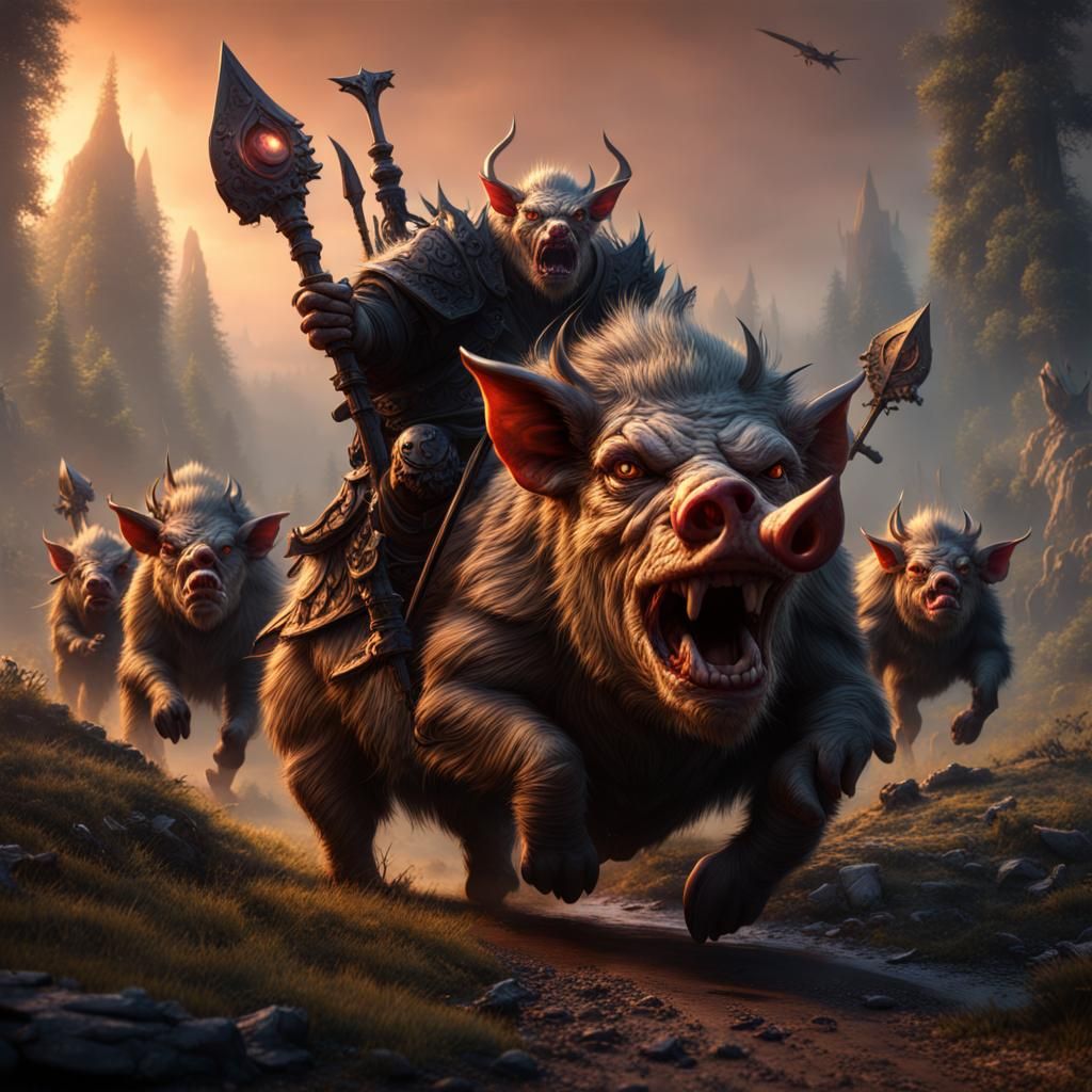 Hunting Goblins Ride Demonic Boars: Detailed Matte Painting