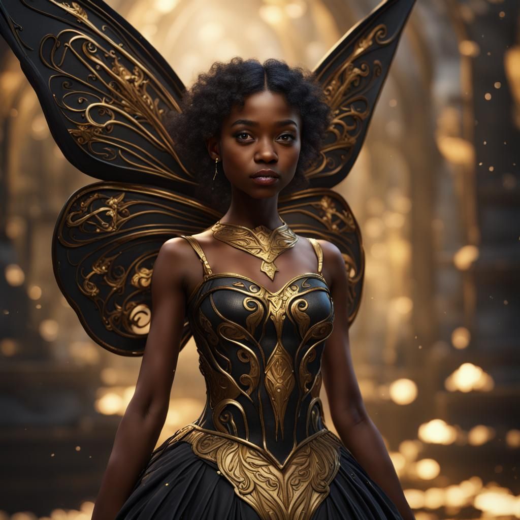 Black Fairy Princess in Gold Dress: Fantasy Art